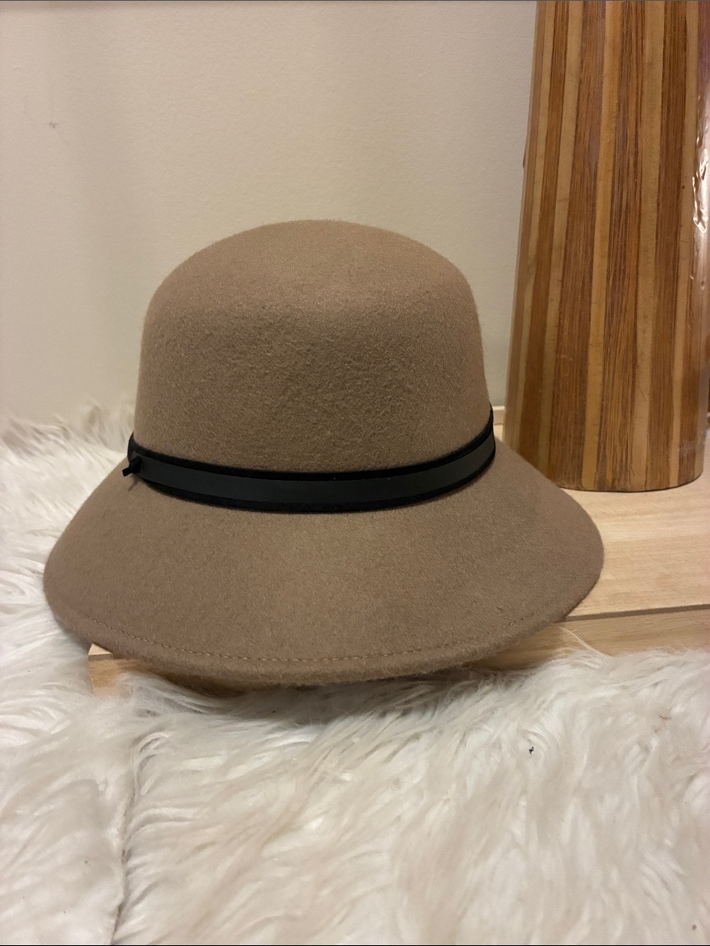 Nine West Classic Wool Felt Cloche Hat in Taupe with Black Trim